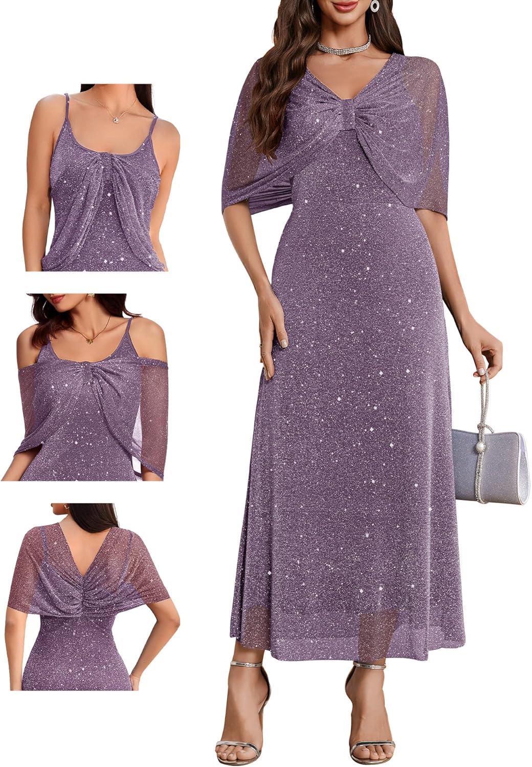 BeryLove Women Sequin Formal Party Dress Cocktail Evening Gown Wedding Dresses with Shawl - Image 15