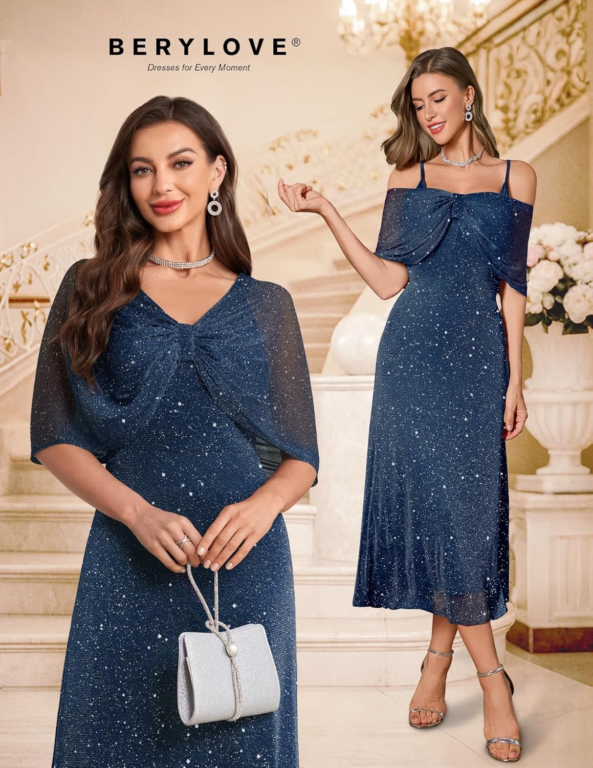 BeryLove Women Sequin Formal Party Dress Cocktail Evening Gown Wedding Dresses with Shawl - Image 2