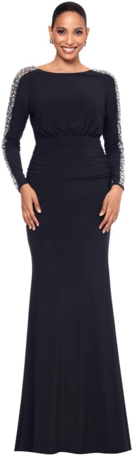 Betsy & Adam Women's Long Embellished Sleeve Ruched Waist Evening Gown with Keyhole Back Detail