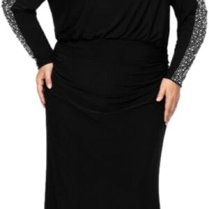 Betsy & Adam Women's Plus Size Long Embellished Sleeve Ruched Waist Evening Gown with Keyhole Back Detail