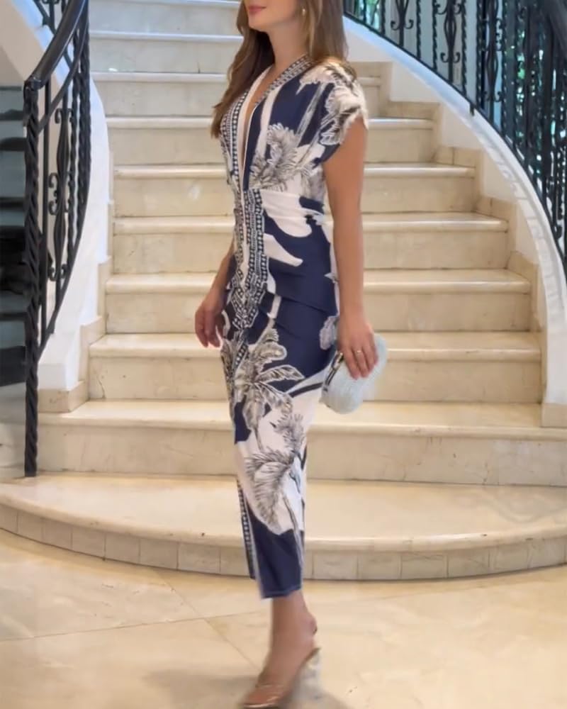 CHICME Summer Dresses for Women Floral Print Plunge V Neck Midi Dress Casual Ruched Slit Bodycon Party Dress - Image 3