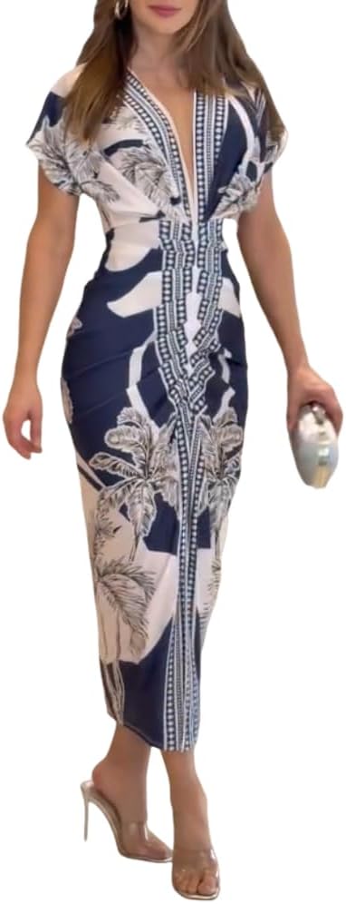 CHICME Summer Dresses for Women Floral Print Plunge V Neck Midi Dress Casual Ruched Slit Bodycon Party Dress