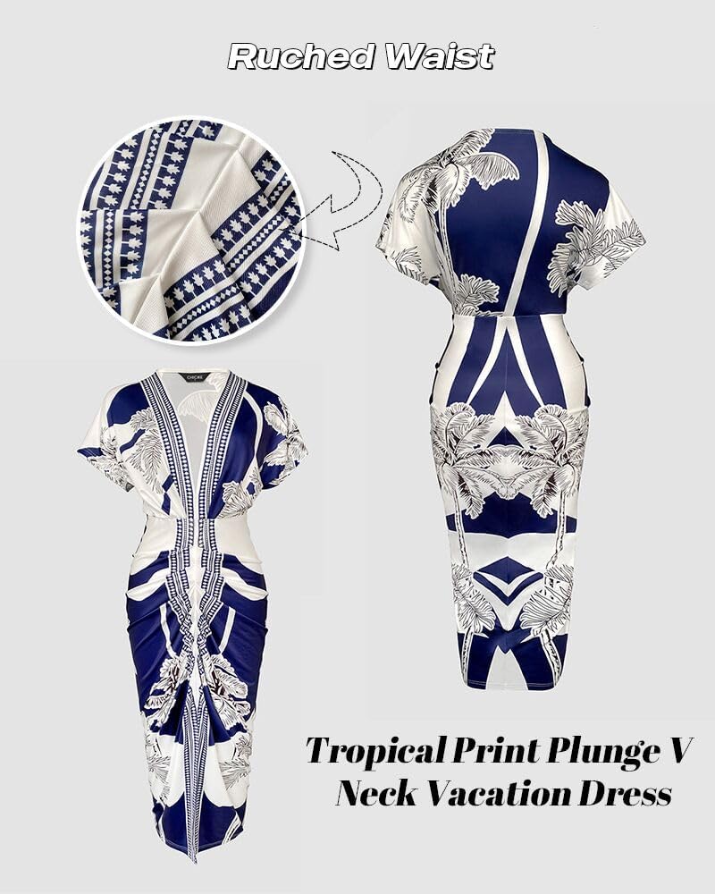 CHICME Summer Dresses for Women Floral Print Plunge V Neck Midi Dress Casual Ruched Slit Bodycon Party Dress - Image 6