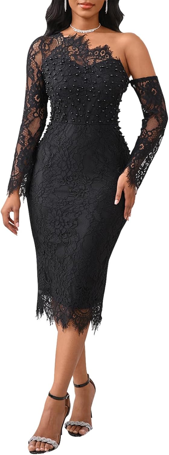 Cololura Women Elegant Floral Lace Patchwork Long Sleeve Evening Gown Party Cocktail Bodycon Dress