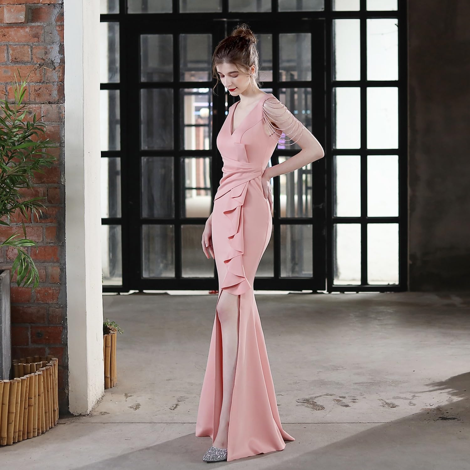 Crystal Beading V Neck Sleeveless Elegant Evening Dresses Women High Slit Formal Gowns Ruffled Sexy Slim-Fit Fishtail Dress - Image 6