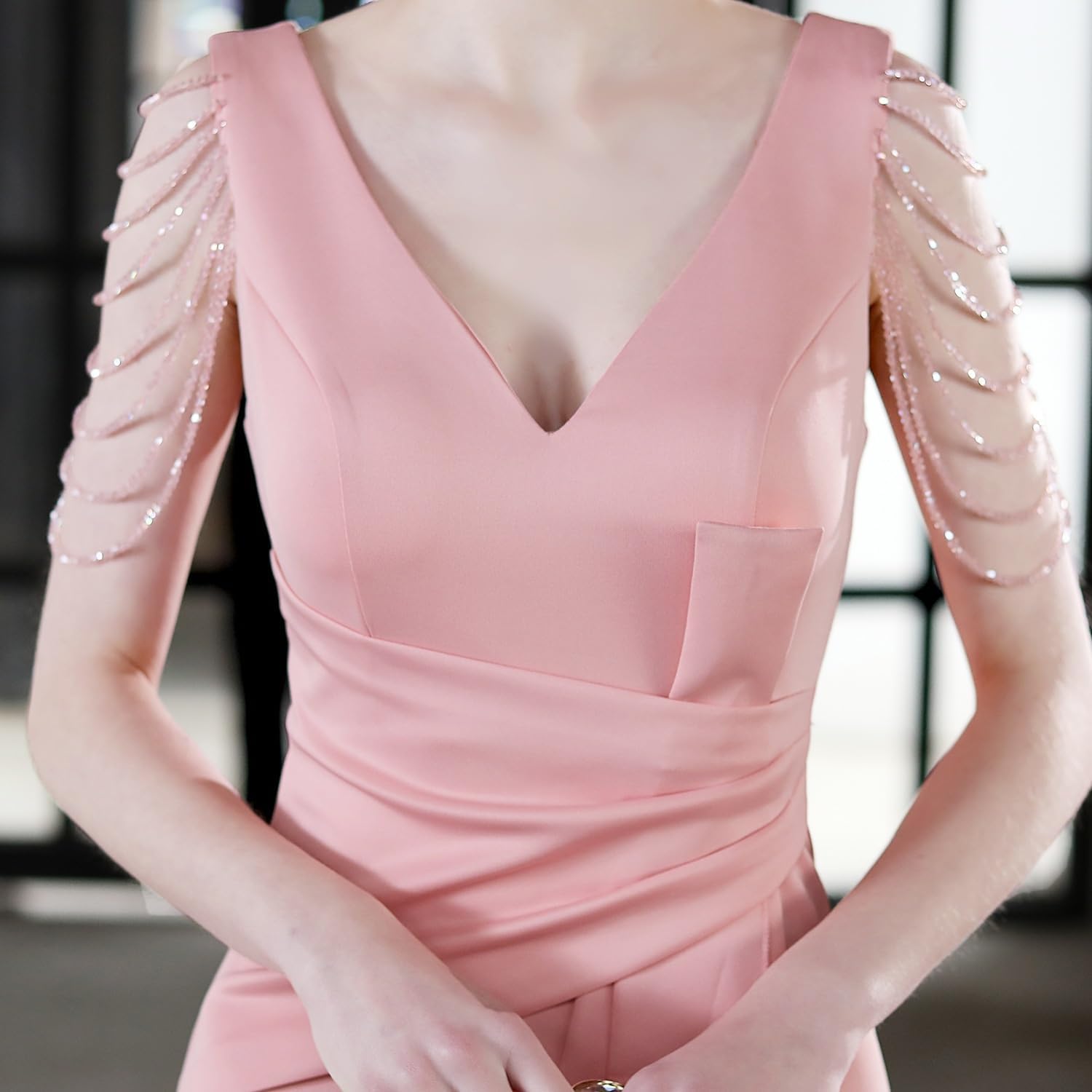 Crystal Beading V Neck Sleeveless Elegant Evening Dresses Women High Slit Formal Gowns Ruffled Sexy Slim-Fit Fishtail Dress - Image 5