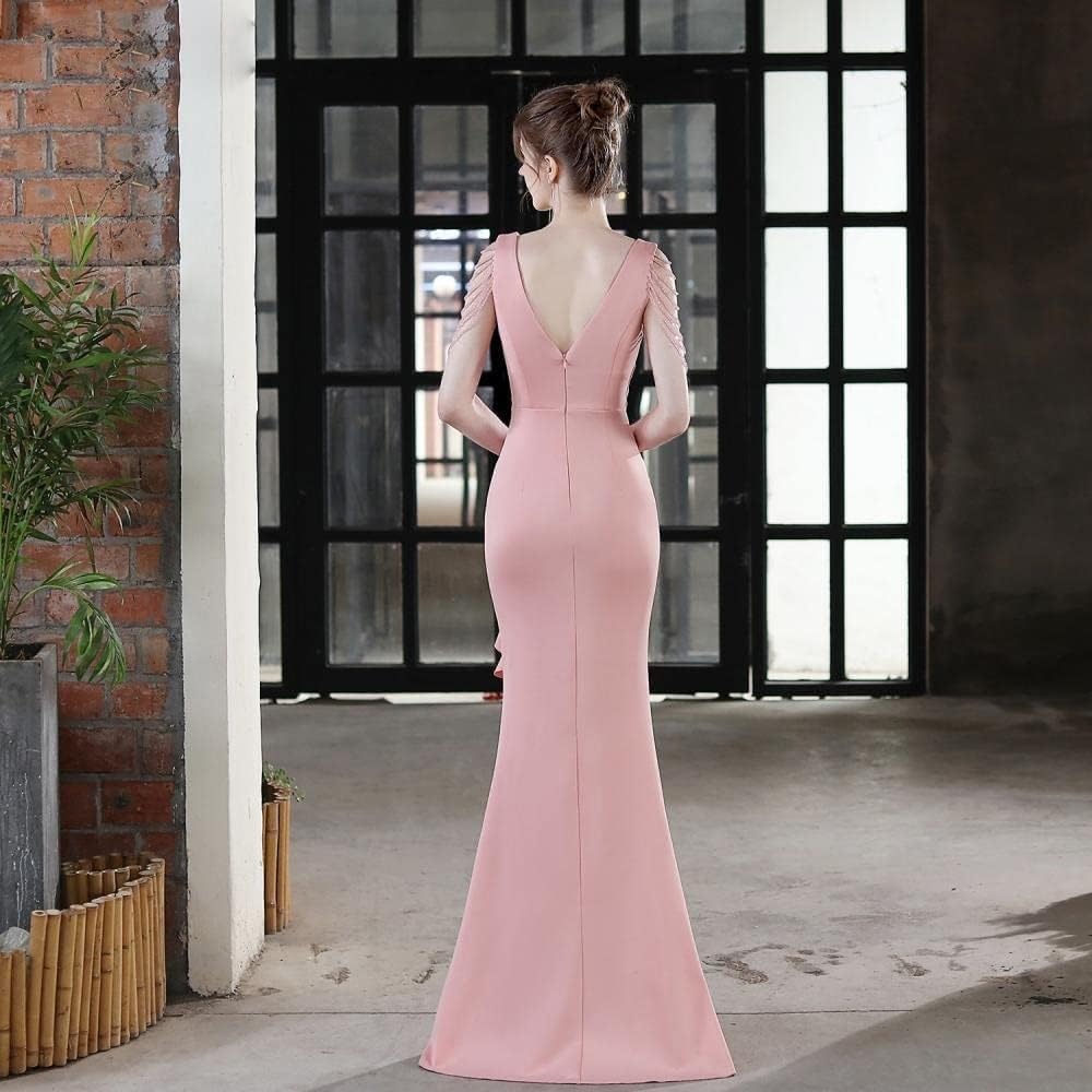 Crystal Beading V Neck Sleeveless Elegant Evening Dresses Women High Slit Formal Gowns Ruffled Sexy Slim-Fit Fishtail Dress - Image 7