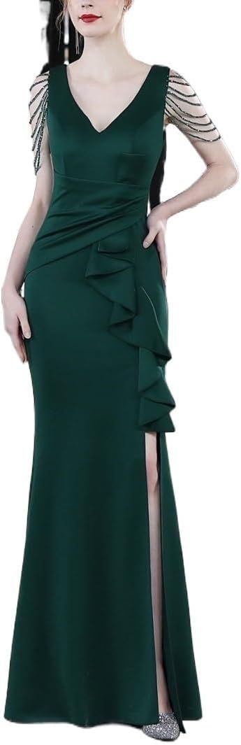 Crystal Beading V Neck Sleeveless Elegant Evening Dresses Women High Slit Formal Gowns Ruffled Sexy Slim-Fit Fishtail Dress