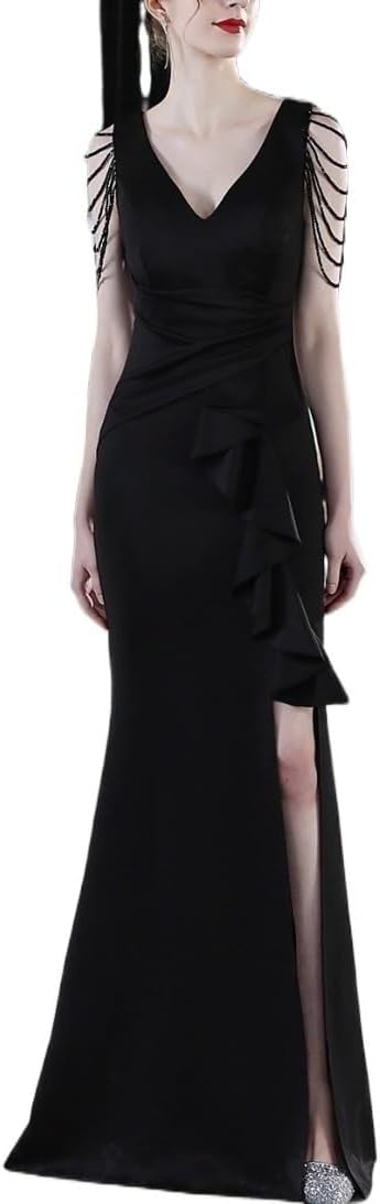 Crystal Beading V Neck Sleeveless Elegant Evening Dresses Women High Slit Formal Gowns Ruffled Sexy Slim-Fit Fishtail Dress