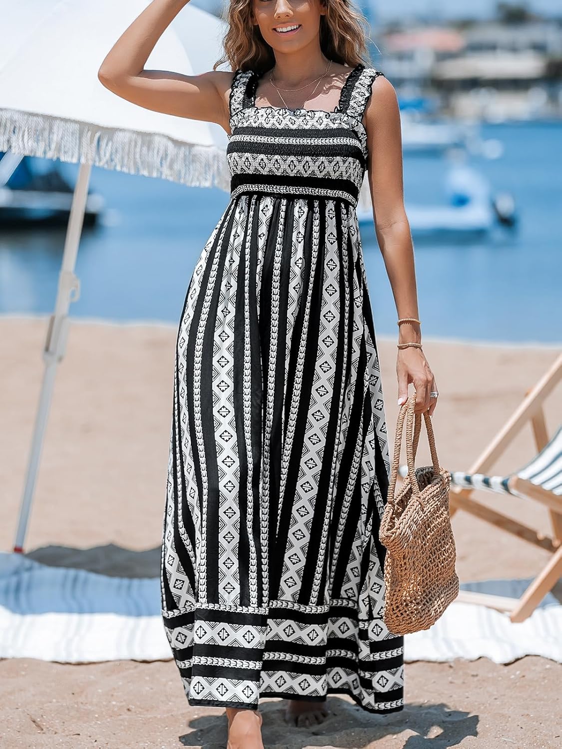 CUPSHE Women's Maxi Dress Ditsy Floral Smocked Summer Sundress Sleeveless Ruffled Spaghetti Straps Long Beach Formal Dress - Image 6