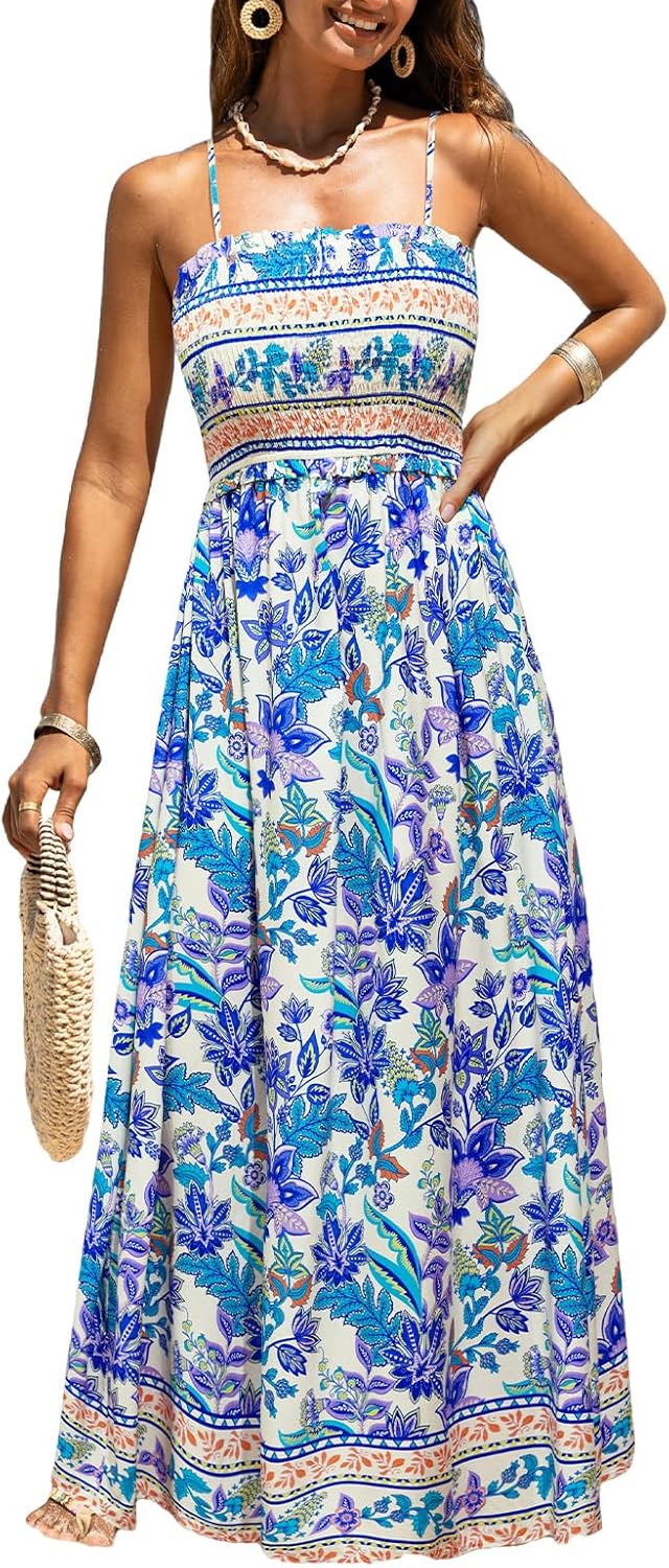 CUPSHE Women's Maxi Dress Ditsy Floral Smocked Summer Sundress Sleeveless Ruffled Spaghetti Straps Long Beach Formal Dress - Image 17