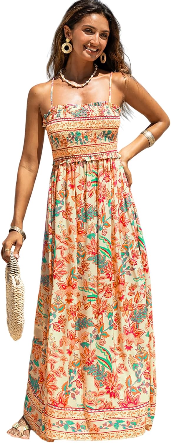 CUPSHE Women's Maxi Dress Ditsy Floral Smocked Summer Sundress Sleeveless Ruffled Spaghetti Straps Long Beach Formal Dress - Image 19