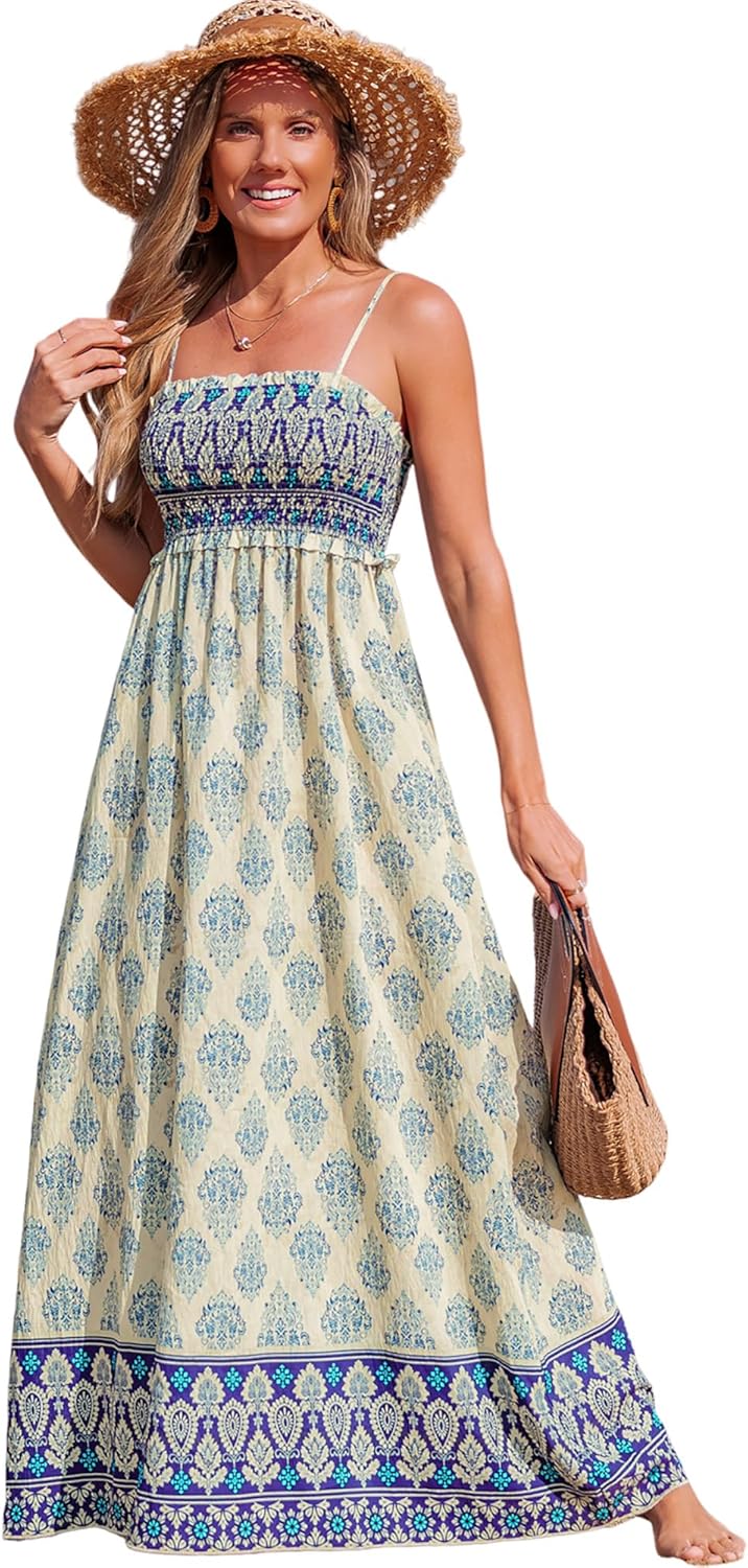 CUPSHE Women's Maxi Dress Ditsy Floral Smocked Summer Sundress Sleeveless Ruffled Spaghetti Straps Long Beach Formal Dress - Image 23