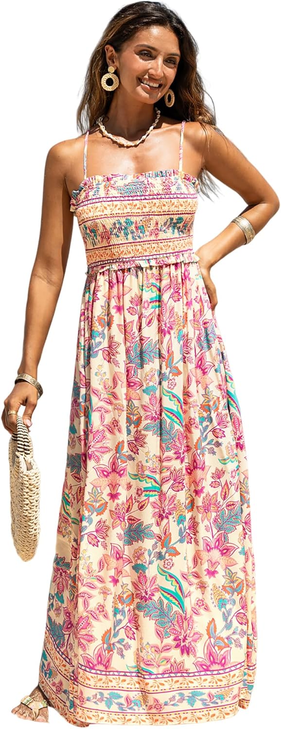 CUPSHE Women's Maxi Dress Ditsy Floral Smocked Summer Sundress Sleeveless Ruffled Spaghetti Straps Long Beach Formal Dress - Image 12