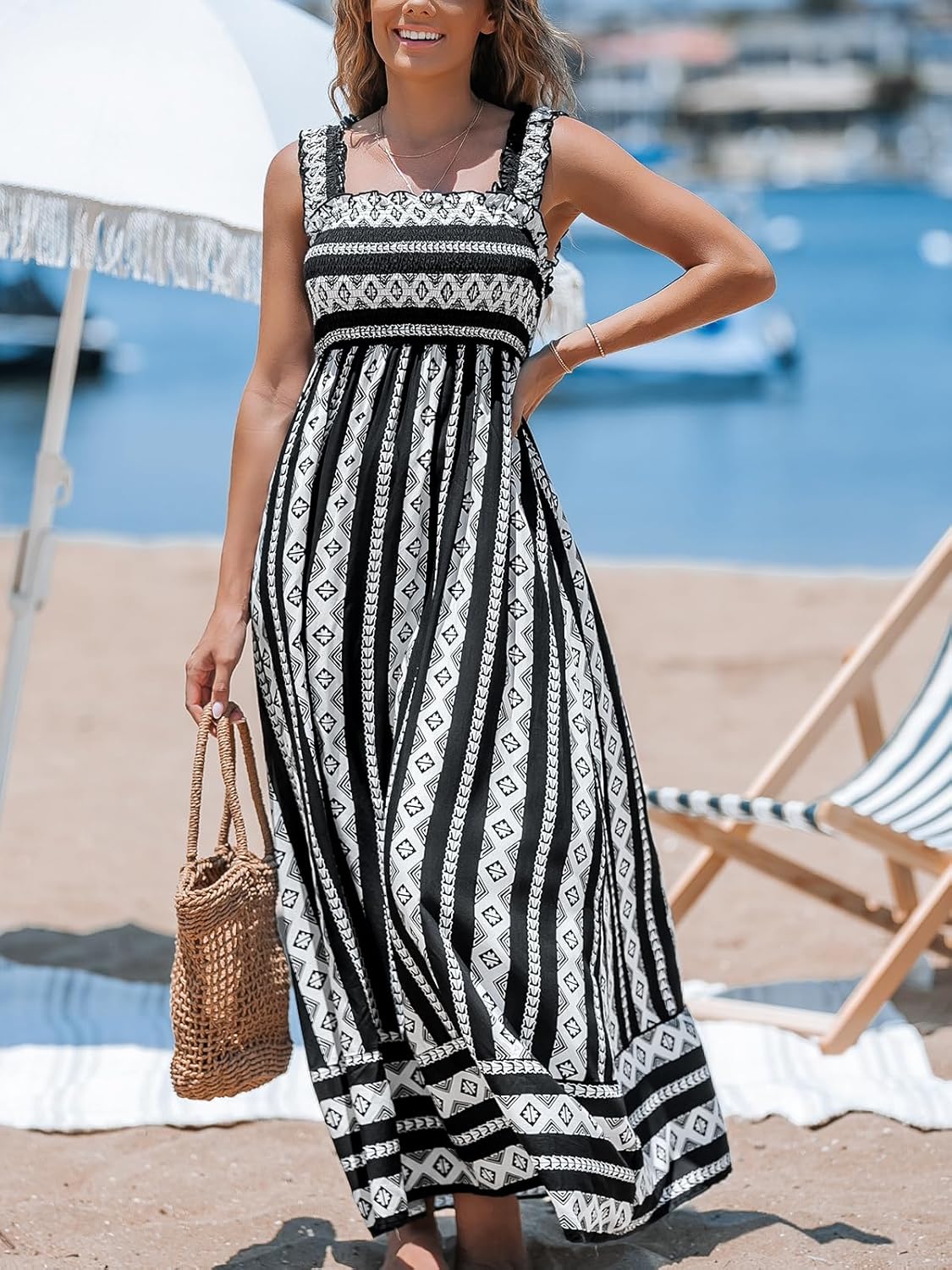 CUPSHE Women's Maxi Dress Ditsy Floral Smocked Summer Sundress Sleeveless Ruffled Spaghetti Straps Long Beach Formal Dress - Image 4