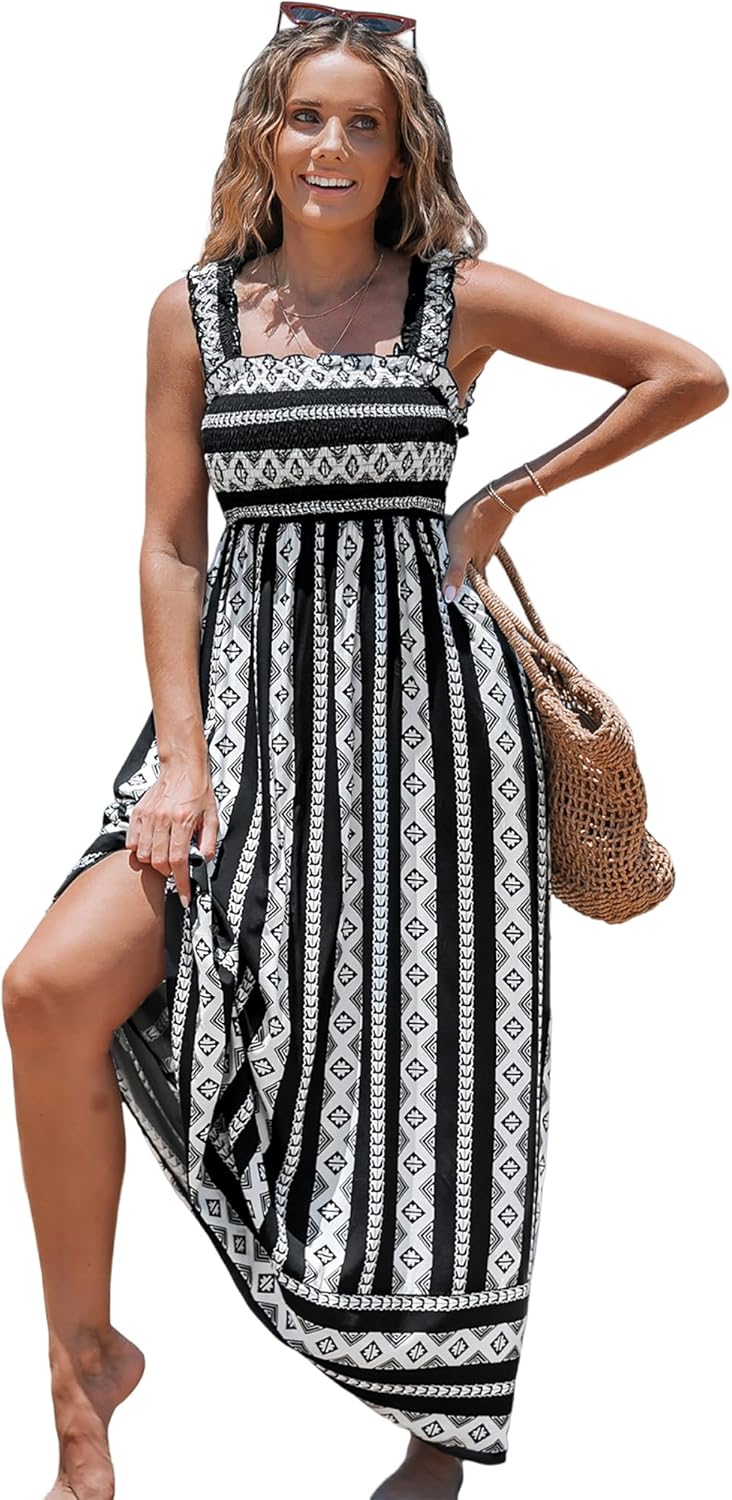 CUPSHE Women's Maxi Dress Ditsy Floral Smocked Summer Sundress Sleeveless Ruffled Spaghetti Straps Long Beach Formal Dress