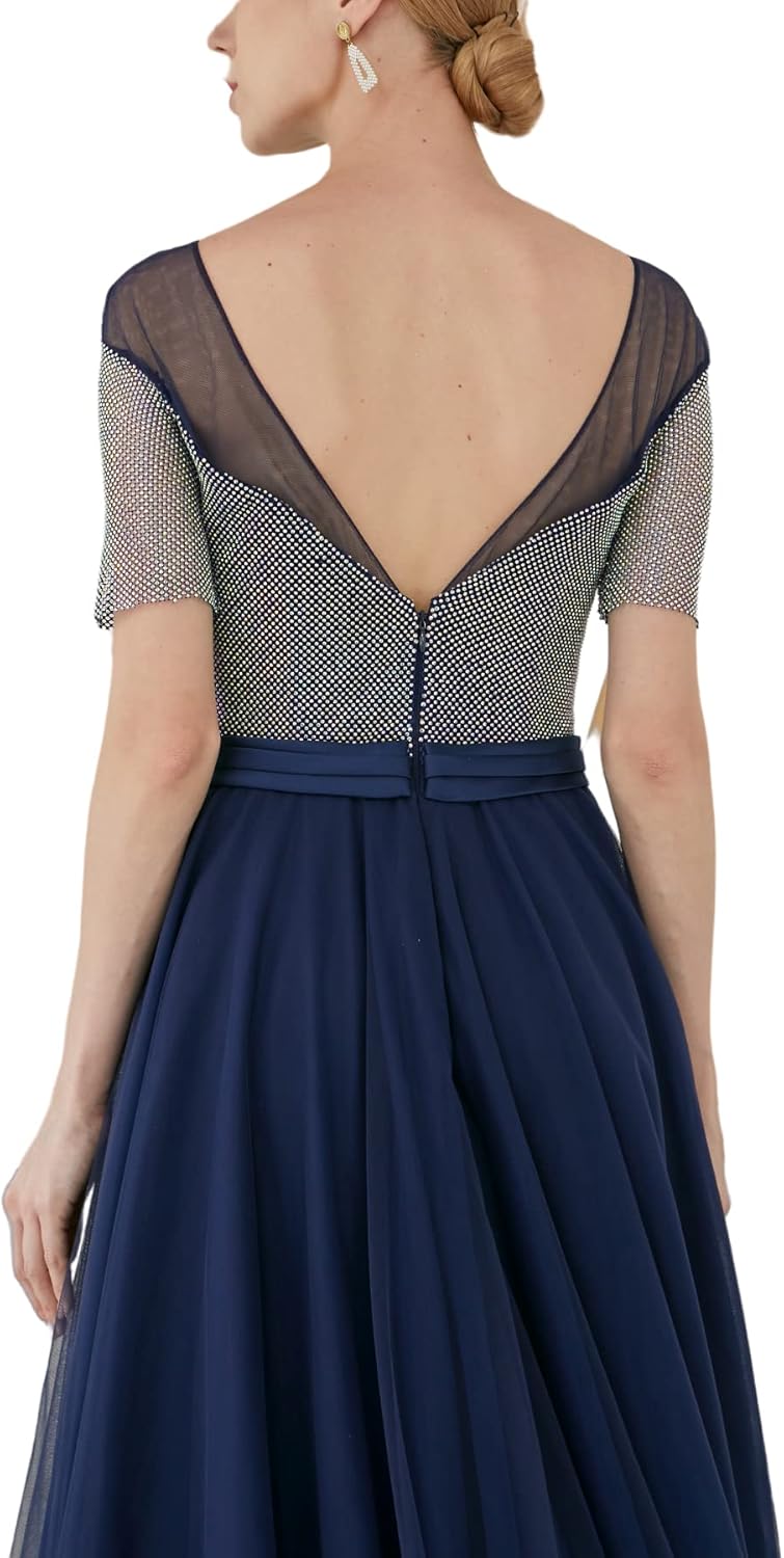 Customized high-end Women's 3/4 Sleeve Sweetheart Neckline A Diamond Evening Dress Blue Black - Image 6