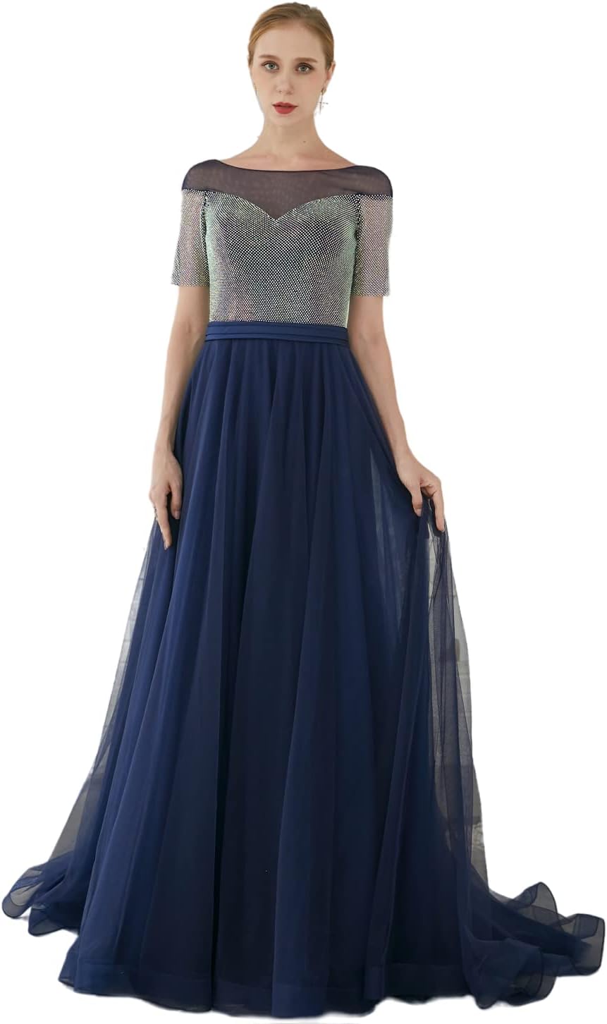 Customized high-end Women's 3/4 Sleeve Sweetheart Neckline A Diamond Evening Dress Blue Black