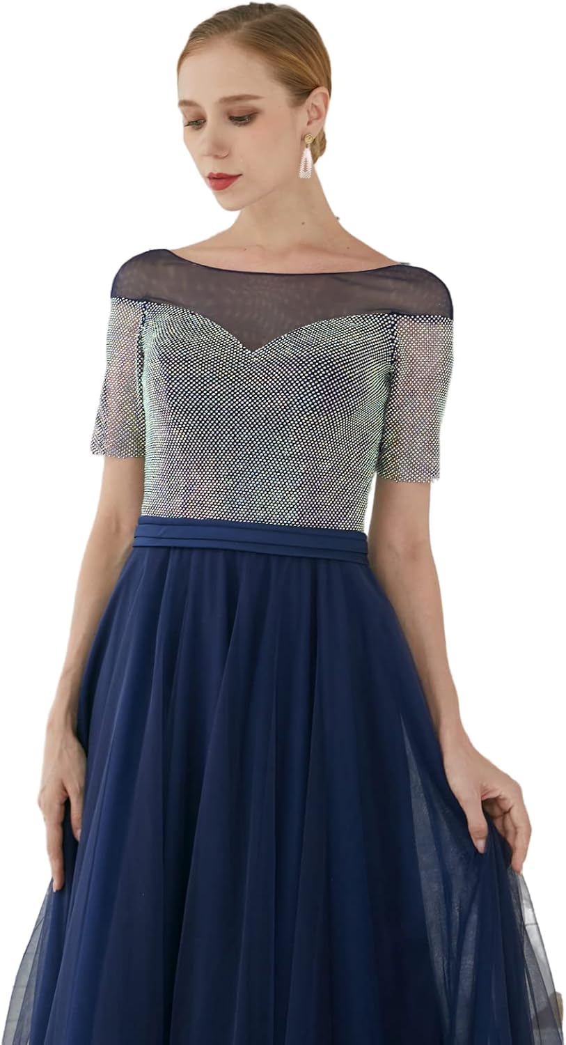 Customized high-end Women's 3/4 Sleeve Sweetheart Neckline A Diamond Evening Dress Blue Black - Image 4