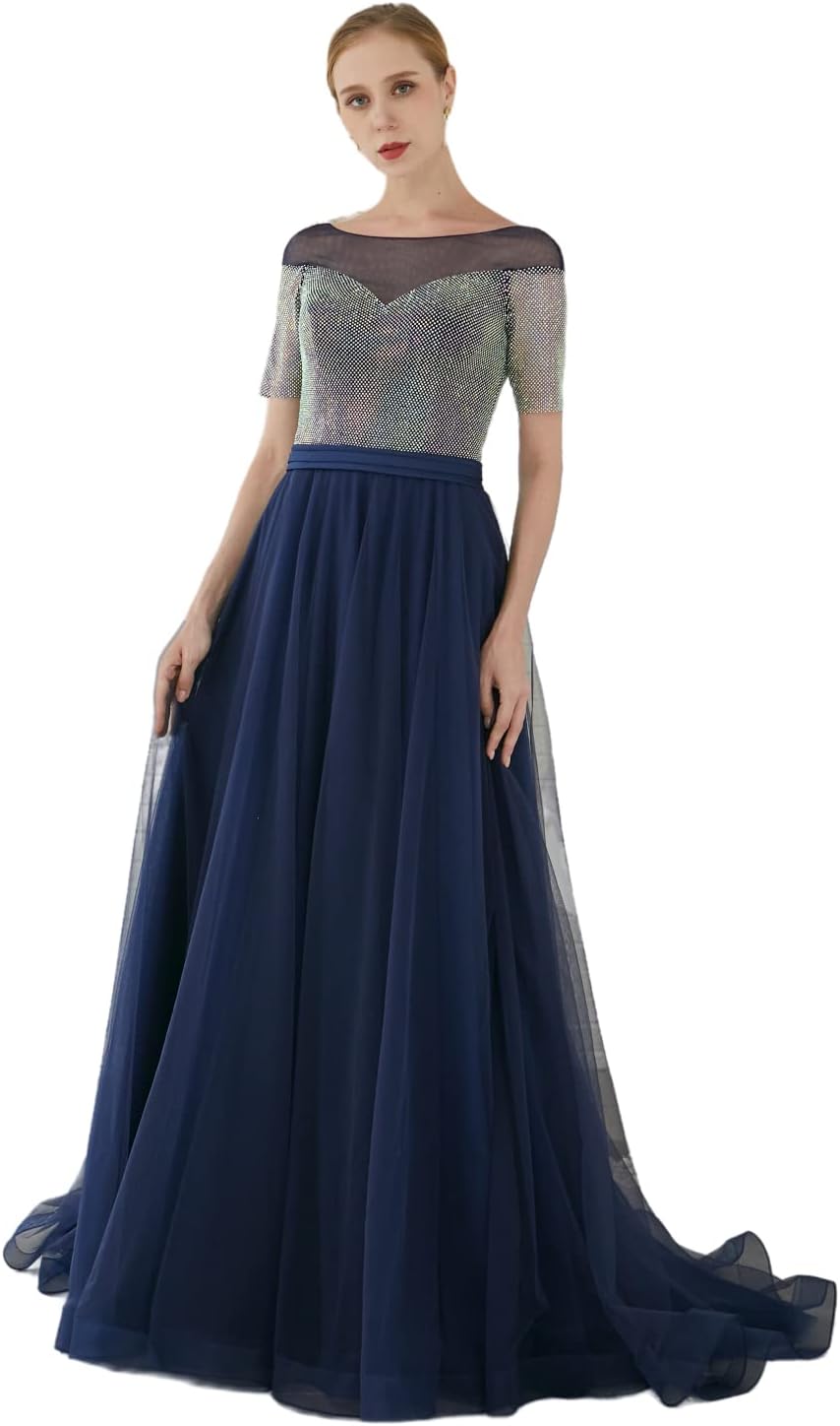 Customized high-end Women's 3/4 Sleeve Sweetheart Neckline A Diamond Evening Dress Blue Black - Image 2