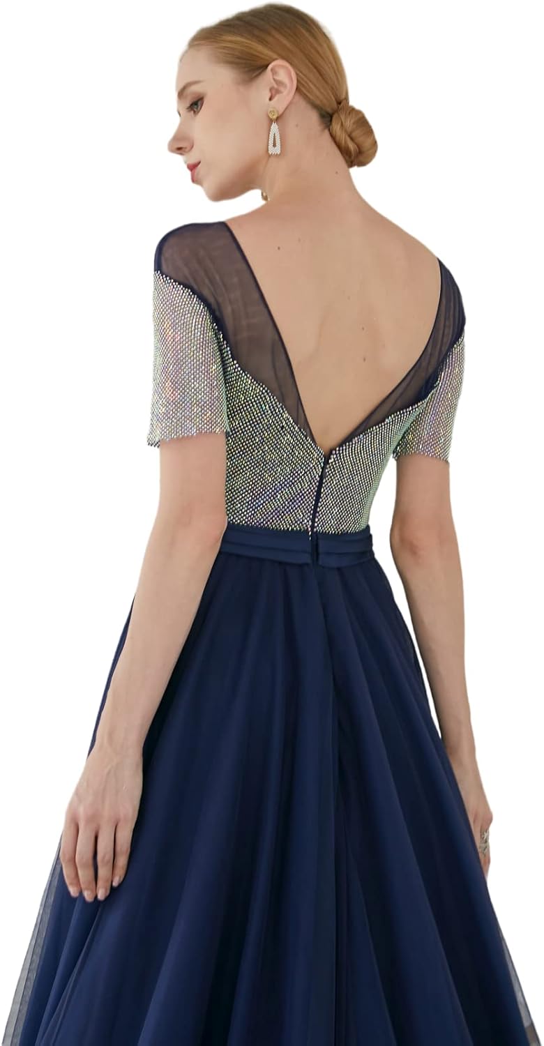 Customized high-end Women's 3/4 Sleeve Sweetheart Neckline A Diamond Evening Dress Blue Black - Image 3