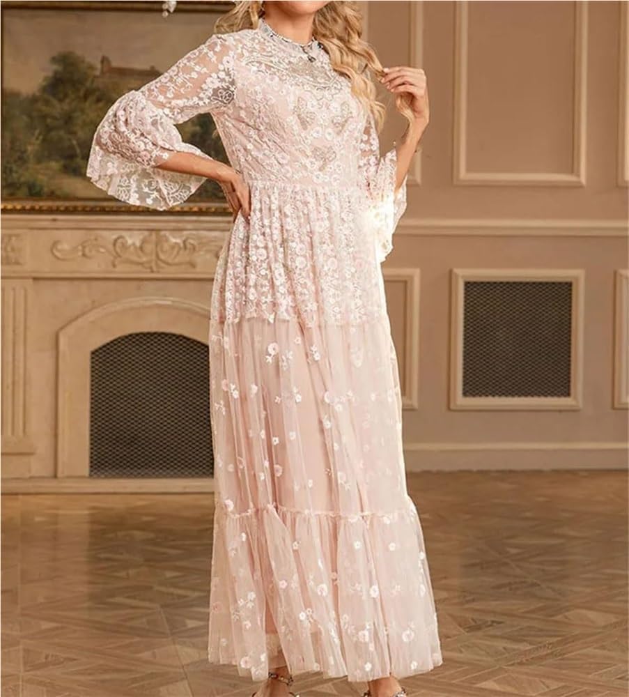 DHFIRUFSHLO Women Embroidered Mesh Ruffle Dress High Waist Tiered Banquet Evening Party Dress - Image 5