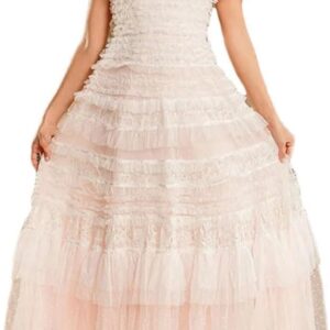 DHFIRUFSHLO Women Ruffle Mesh Long Dress Short Sleeve Party Evening Dress Summer Formal Wear