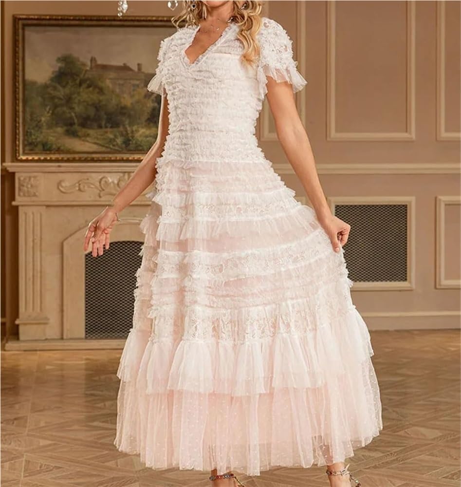 DHFIRUFSHLO Women Ruffle Mesh Long Dress Short Sleeve Party Evening Dress Summer Formal Wear - Image 3