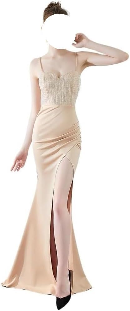 DHFIRUFSHLO Women's Apricot Satin Sling Dress Side Slit Sexy Long Evening Cocktail Party Wedding Guest Gown