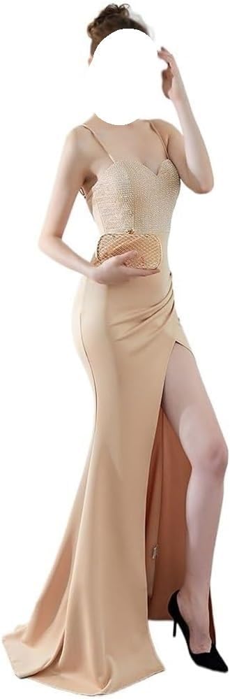 DHFIRUFSHLO Women's Apricot Satin Sling Dress Side Slit Sexy Long Evening Cocktail Party Wedding Guest Gown - Image 2