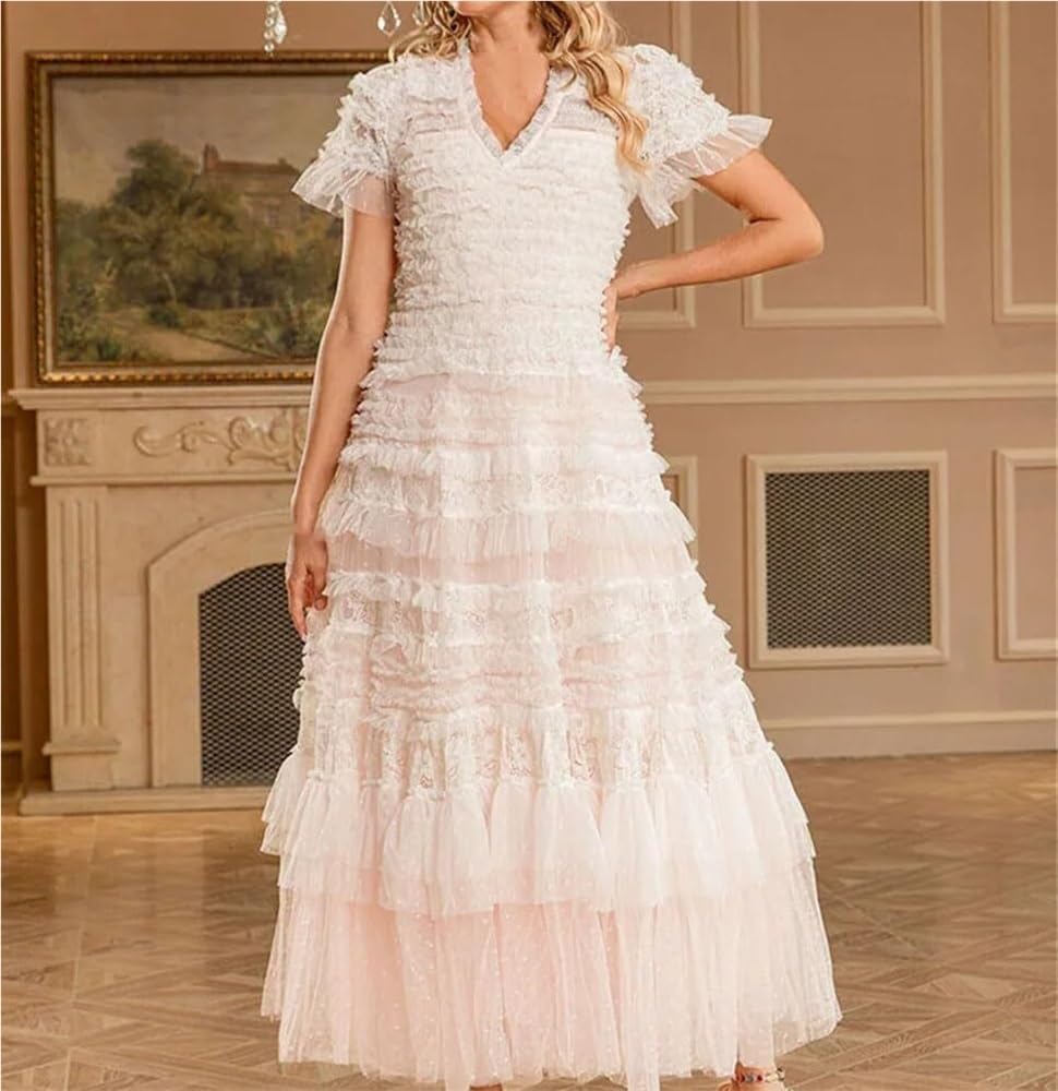 DHFIRUFSHLO Women's Ruffle Mesh Long Party Dress Short Sleeve Evening Dresses - Image 4