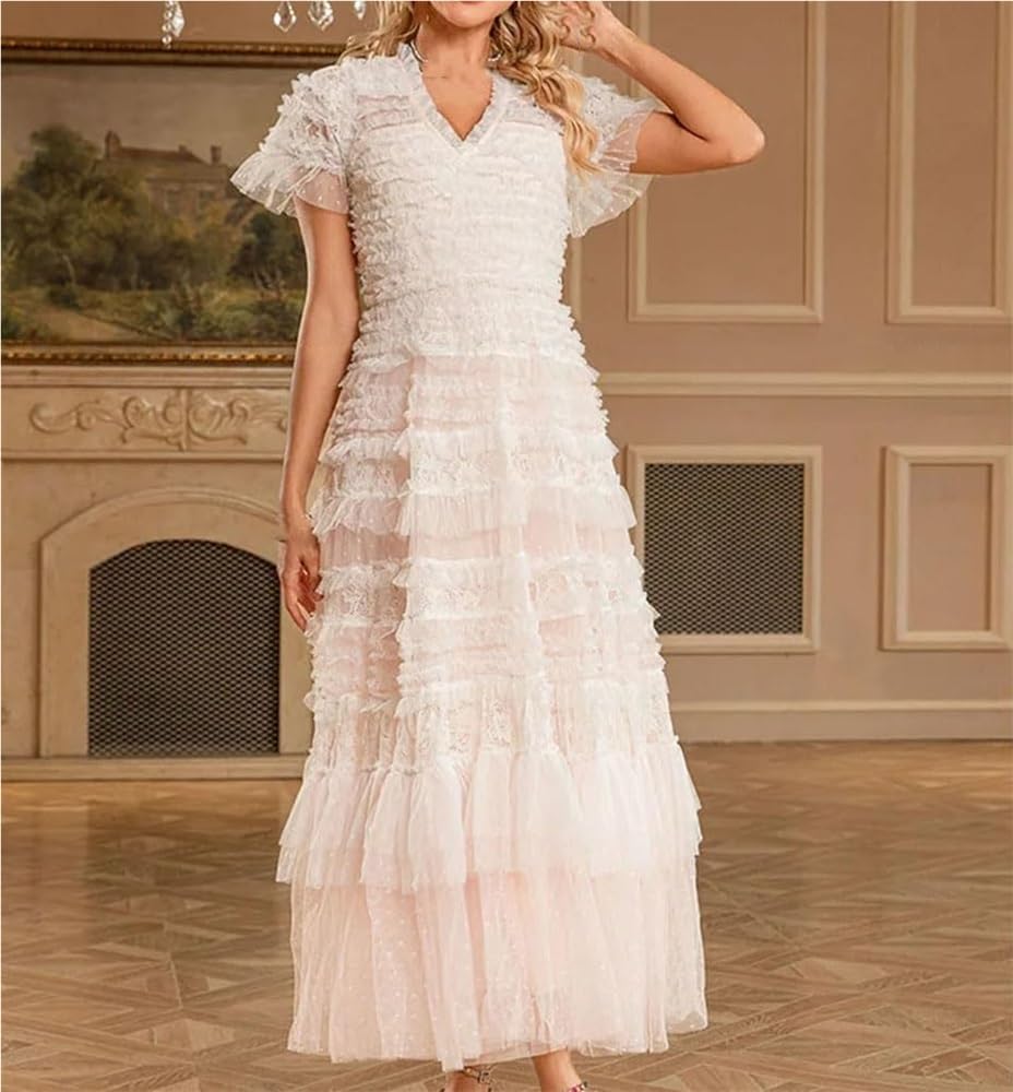 DHFIRUFSHLO Women's Ruffle Mesh Long Party Dress Short Sleeve Evening Dresses - Image 2