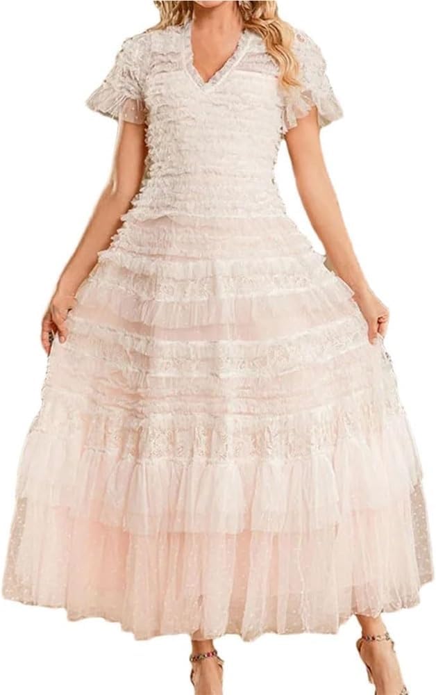 DHFIRUFSHLO Women's Ruffle Mesh Long Party Dress Short Sleeve Evening Dresses