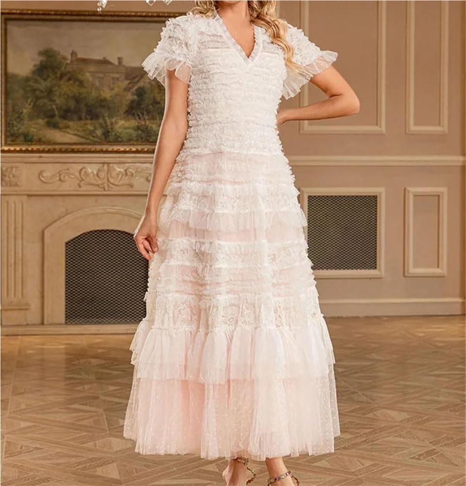 DHFIRUFSHLO Women's Ruffle Mesh Long Party Dress Short Sleeve Evening Dresses - Image 5