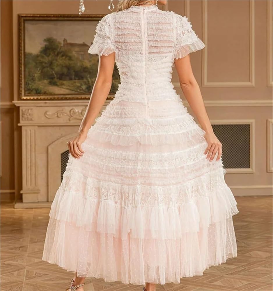 DHFIRUFSHLO Women's Ruffle Mesh Long Party Dress Short Sleeve Evening Dresses - Image 6