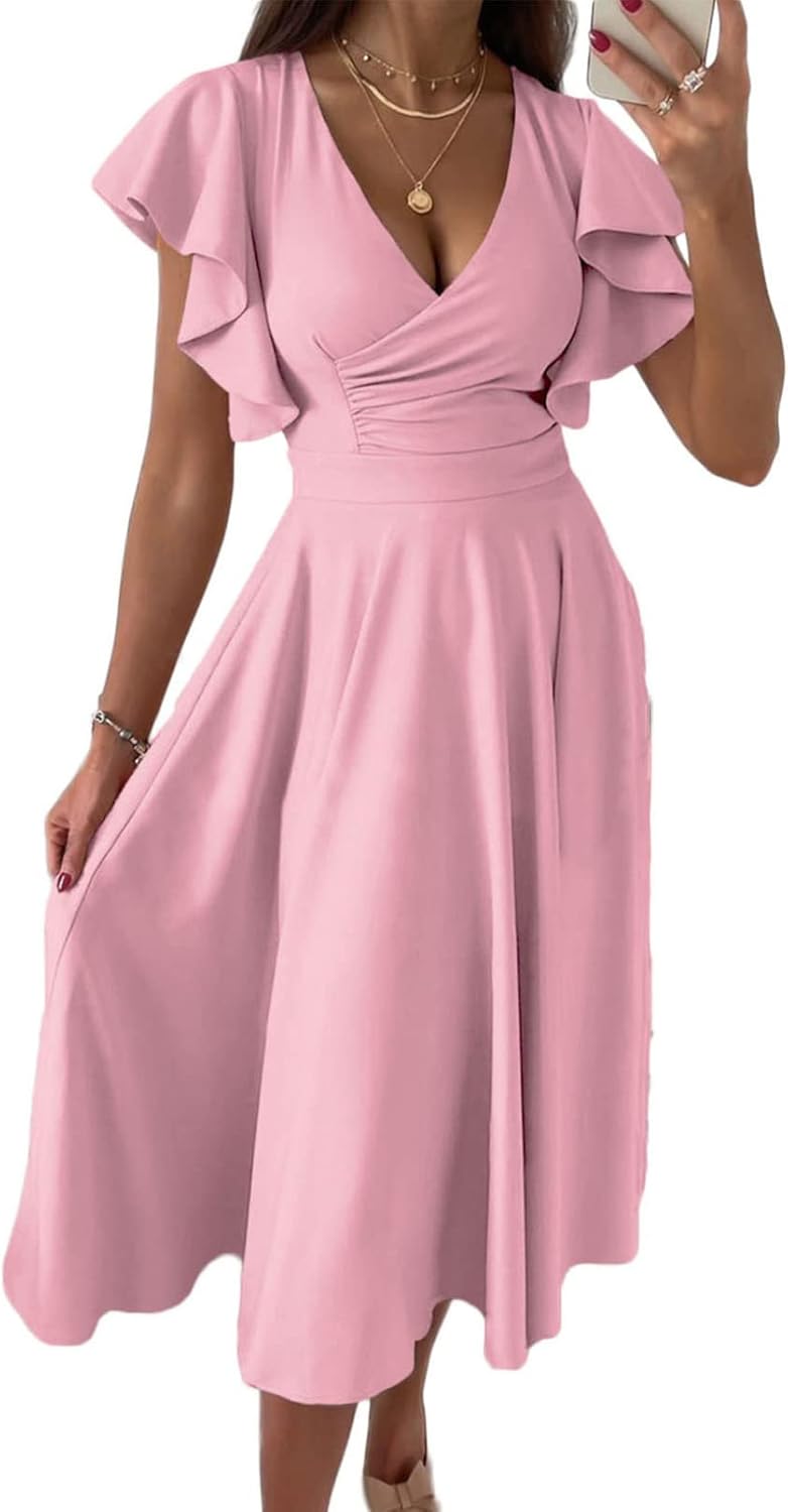 Dokotoo Women's V Neck Elegant Party Dress Short Sleeve Skater Dress Wedding Guest Dresses - Image 13