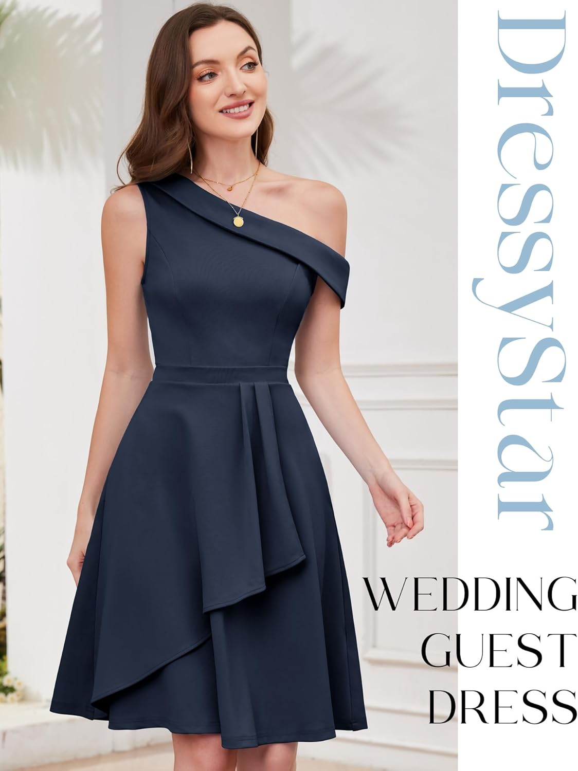 Dressystar Women One Shoulder Ruffle Cocktail Fall Dress A Line Wrap Wedding Guest Formal Knee Length Dresses with Pockets - Image 5