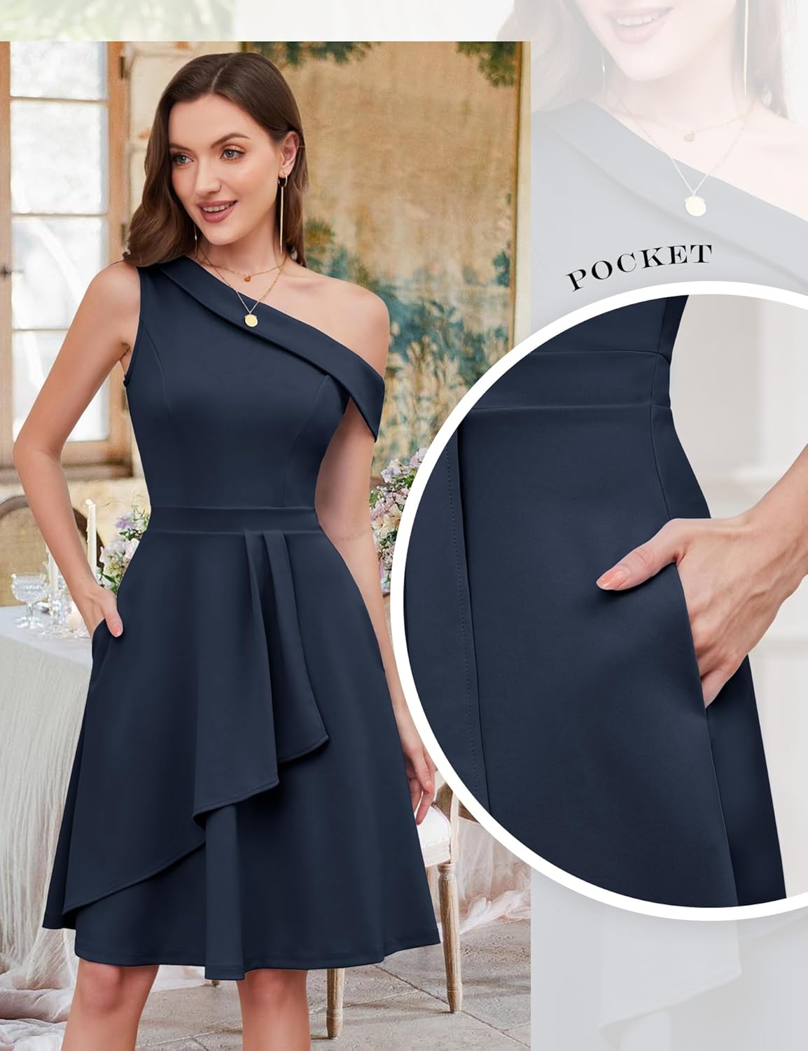 Dressystar Women One Shoulder Ruffle Cocktail Fall Dress A Line Wrap Wedding Guest Formal Knee Length Dresses with Pockets - Image 2