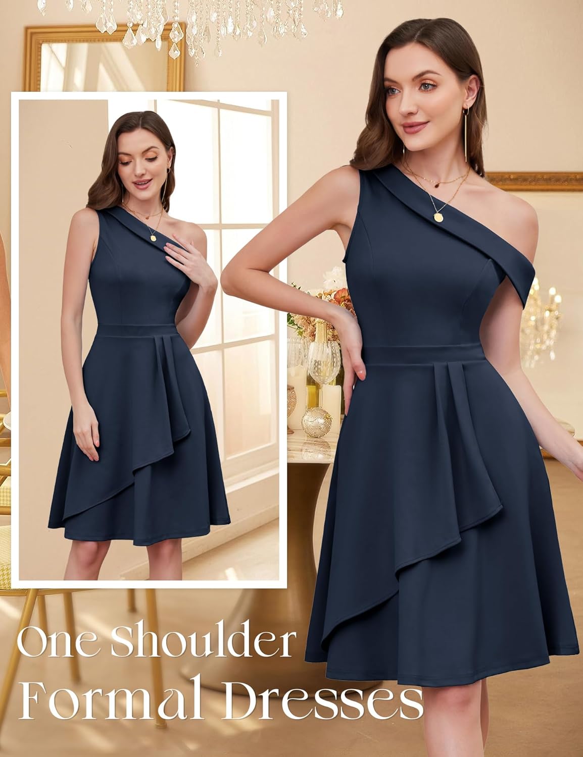 Dressystar Women One Shoulder Ruffle Cocktail Fall Dress A Line Wrap Wedding Guest Formal Knee Length Dresses with Pockets - Image 4