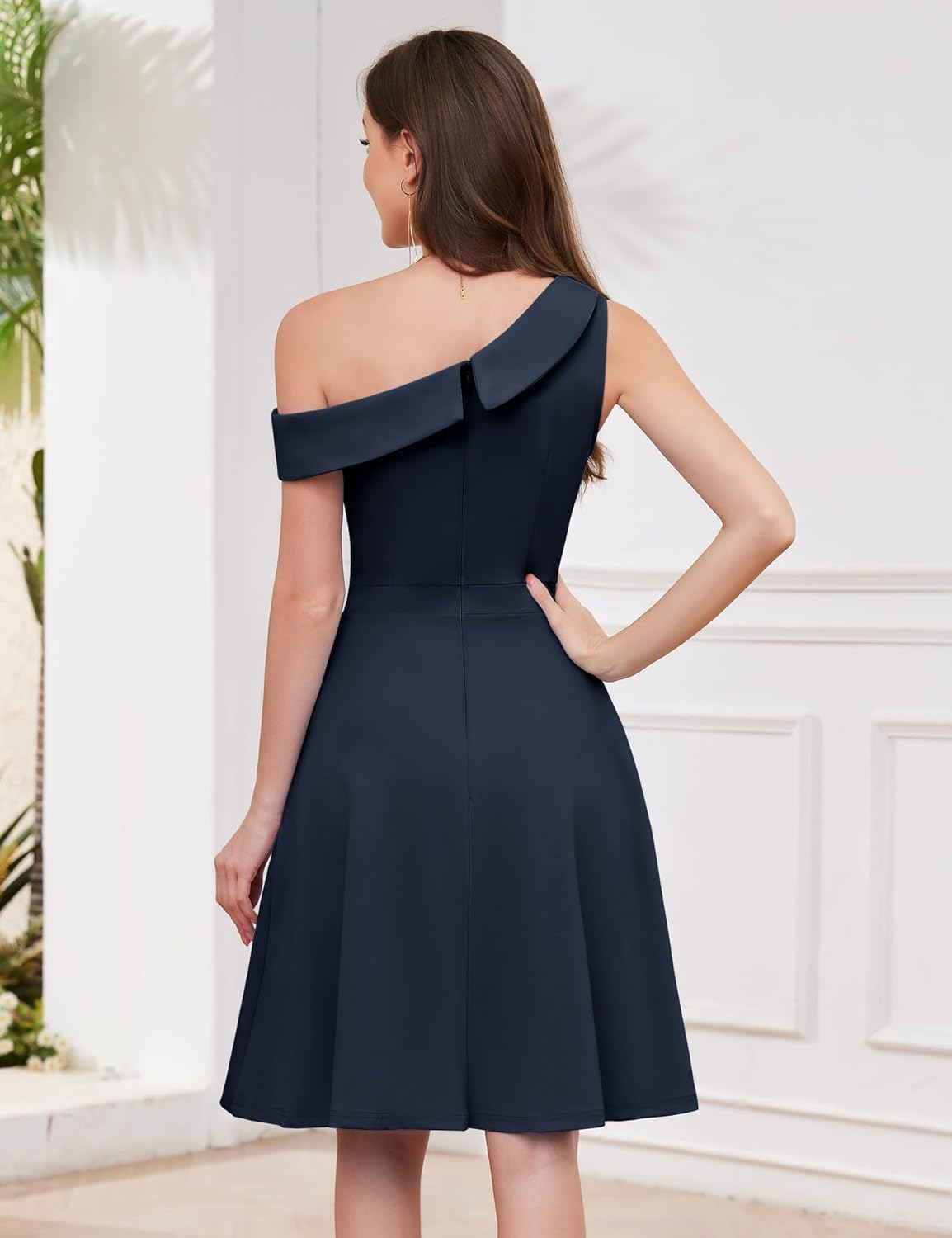 Dressystar Women One Shoulder Ruffle Cocktail Fall Dress A Line Wrap Wedding Guest Formal Knee Length Dresses with Pockets - Image 3