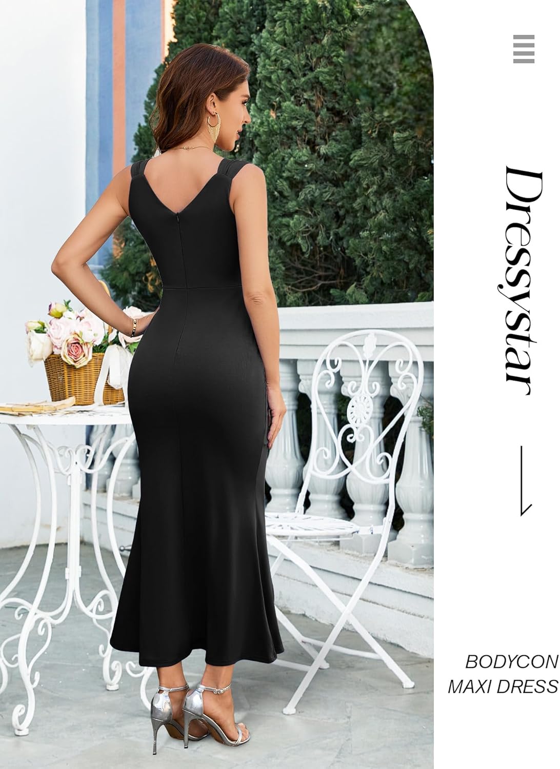 Dressystar Womens V Neck Maxi Formal Evening Dress Bodycon Sleeveless Mermaid Split Wedding Guest Cocktail Dresses - Image 3