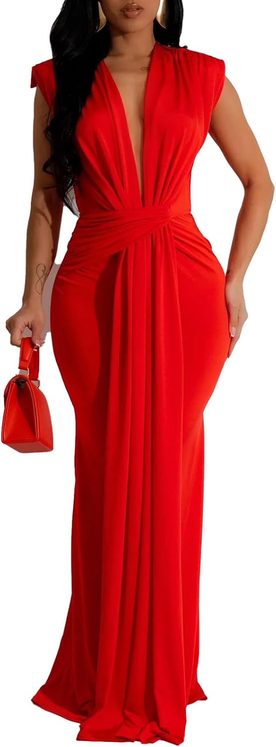 Ekaliy Elegant Bodycon Dresses for Women Deep V Neck Maxi Dress Mermaid Long Dress