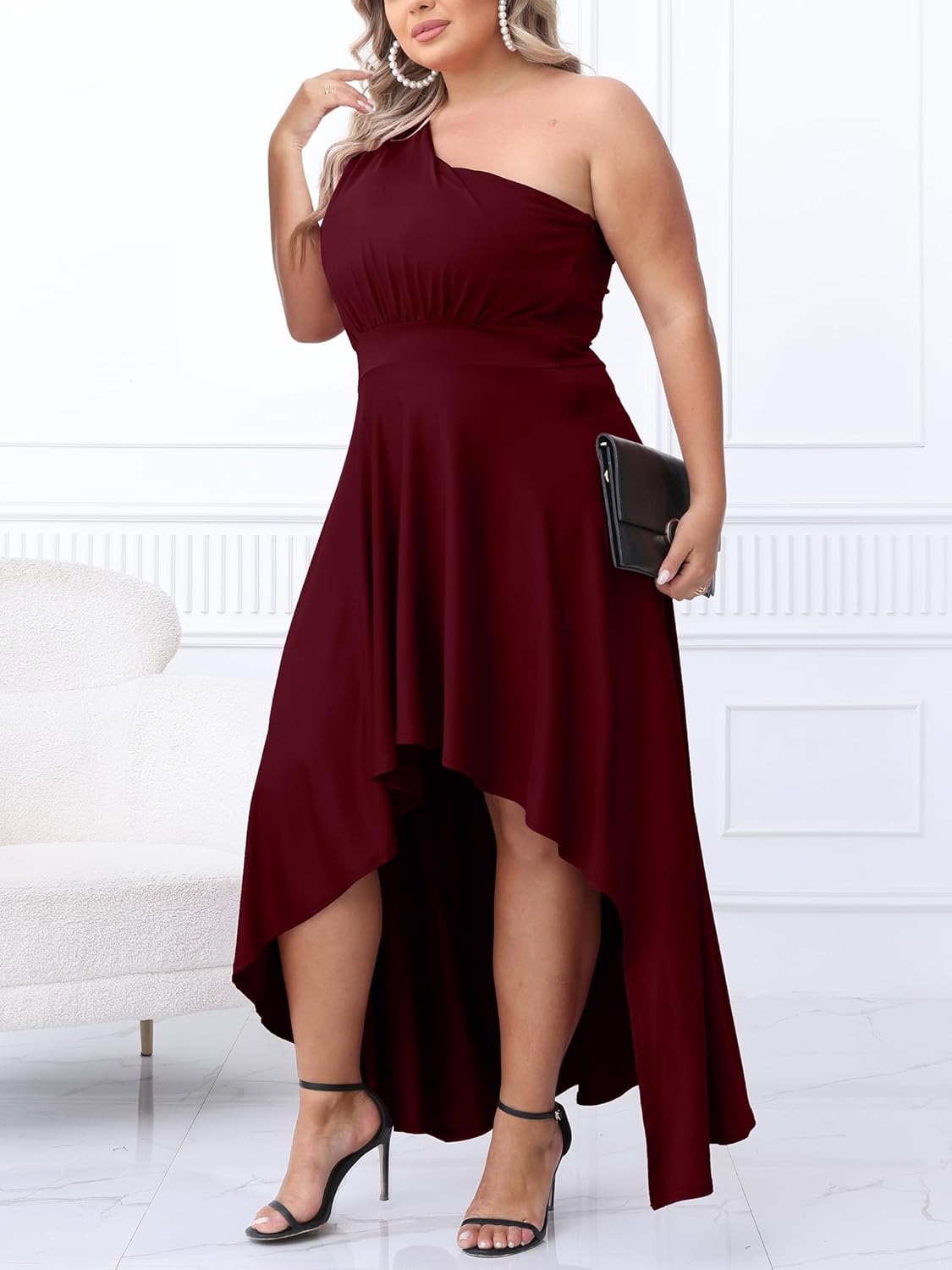 Ekaliy Women's Plus Size One Shoulder Dress Sexy High Low Irregular Hem Flowy Party Cocktail Maxi Dress - Image 5