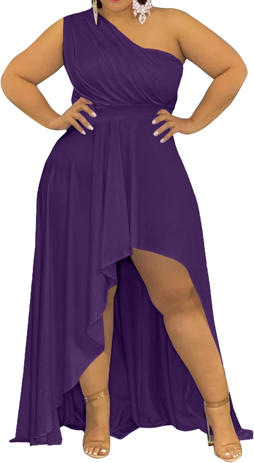 Ekaliy Women's Plus Size One Shoulder Dress Sexy High Low Irregular Hem Flowy Party Cocktail Maxi Dress - Image 8