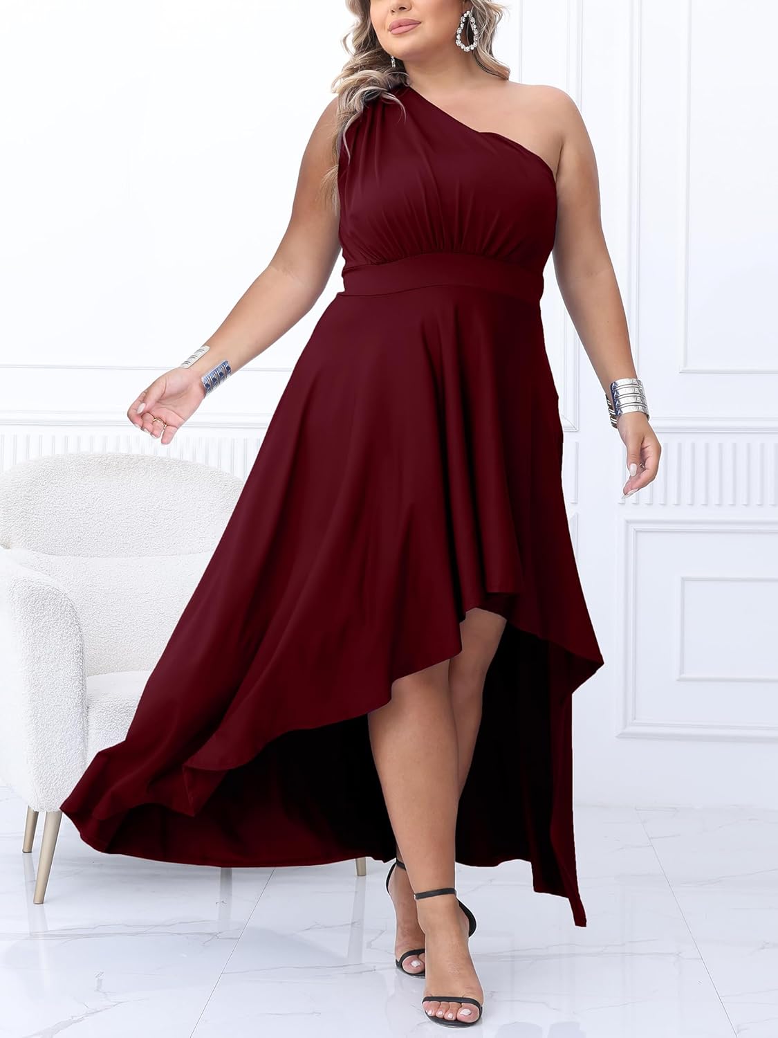 Ekaliy Women's Plus Size One Shoulder Dress Sexy High Low Irregular Hem Flowy Party Cocktail Maxi Dress - Image 3