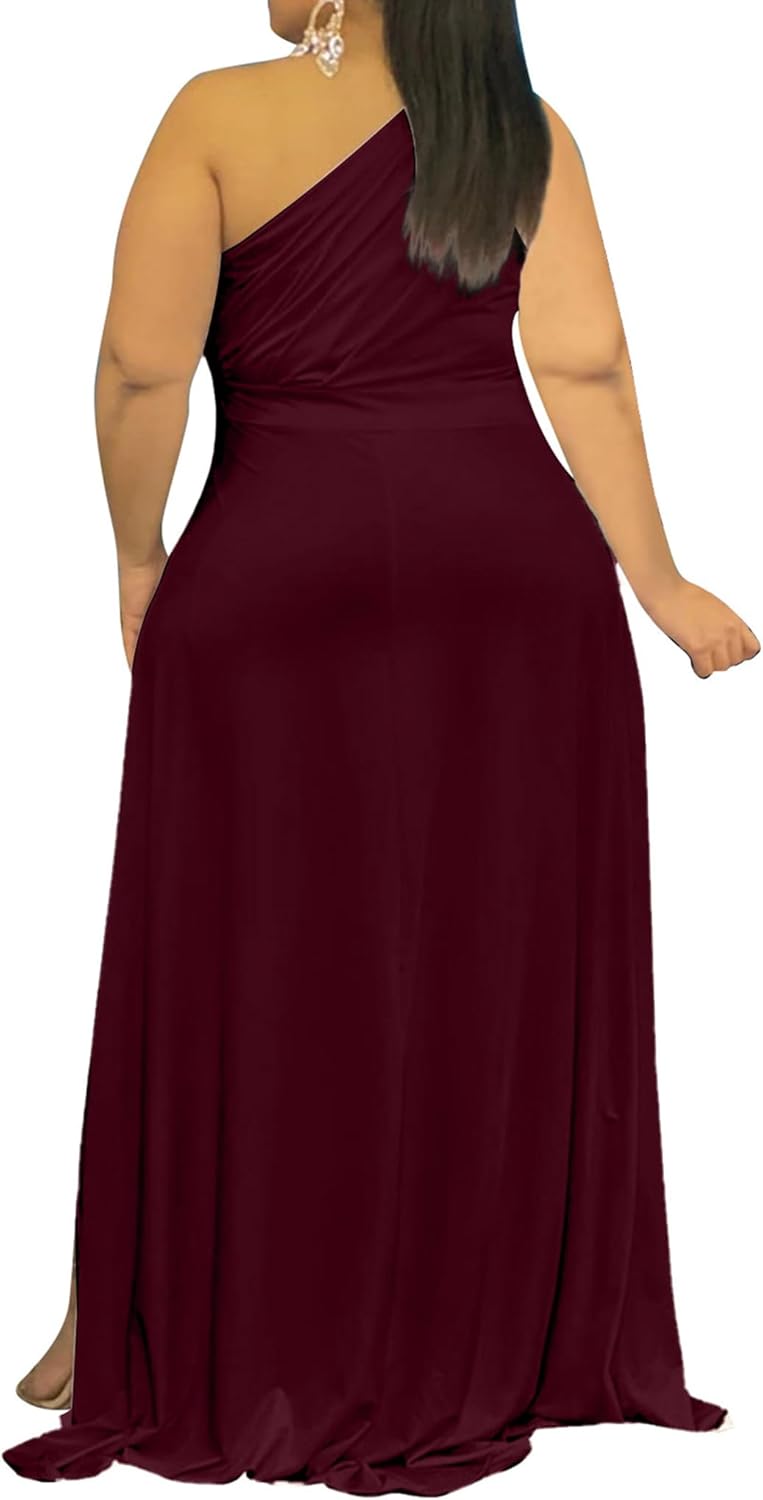 Ekaliy Women's Plus Size One Shoulder Dress Sexy High Low Irregular Hem Flowy Party Cocktail Maxi Dress - Image 2