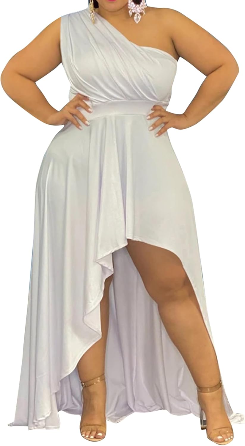 Ekaliy Women's Plus Size One Shoulder Dress Sexy High Low Irregular Hem Flowy Party Cocktail Maxi Dress - Image 6