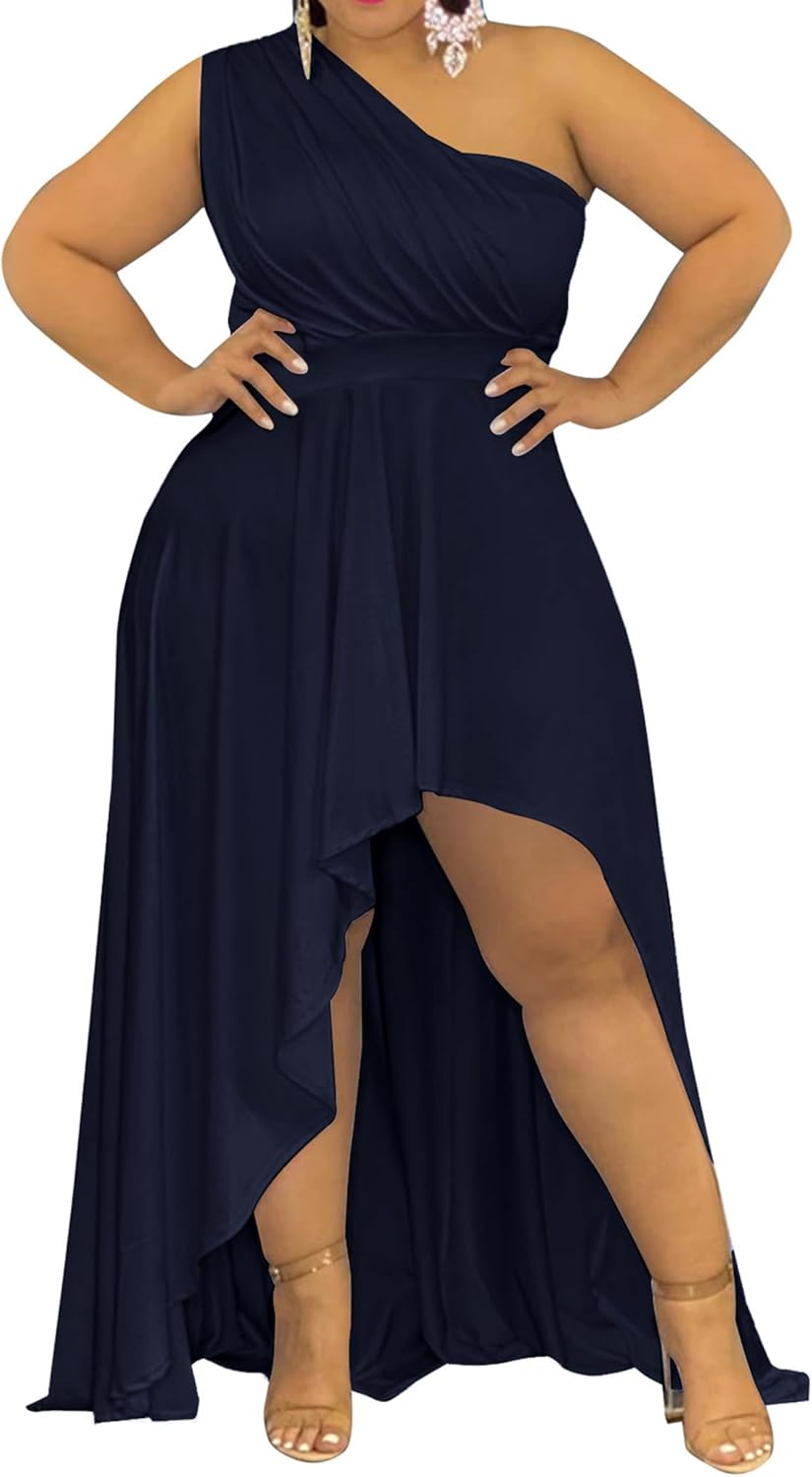 Ekaliy Women's Plus Size One Shoulder Dress Sexy High Low Irregular Hem Flowy Party Cocktail Maxi Dress - Image 11