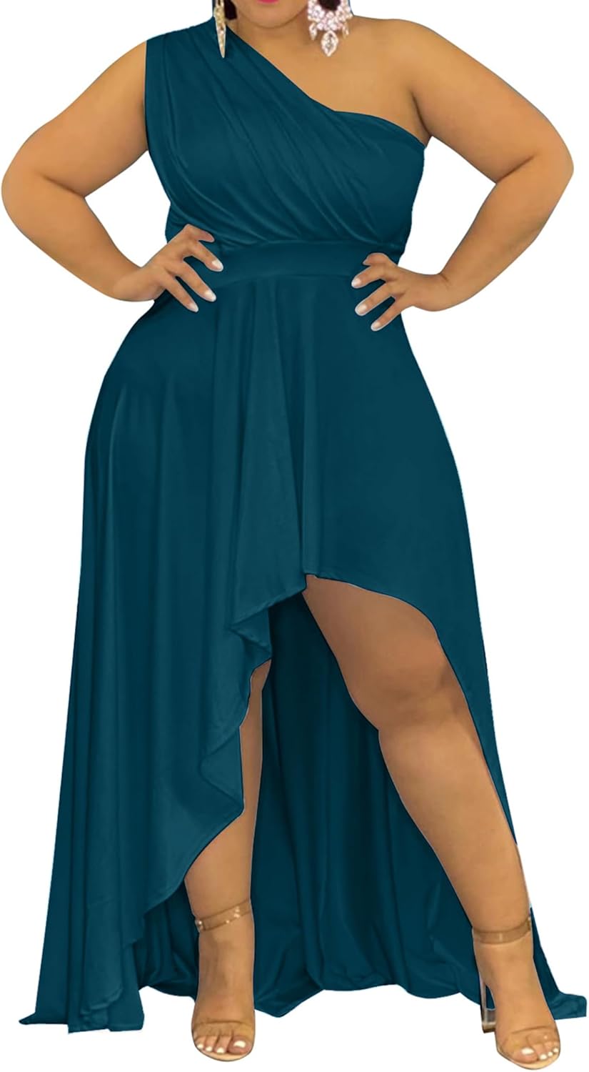 Ekaliy Women's Plus Size One Shoulder Dress Sexy High Low Irregular Hem Flowy Party Cocktail Maxi Dress - Image 9