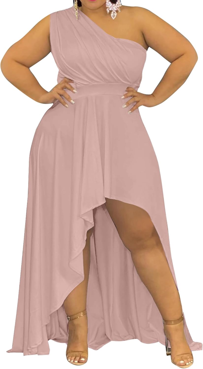 Ekaliy Women's Plus Size One Shoulder Dress Sexy High Low Irregular Hem Flowy Party Cocktail Maxi Dress - Image 10